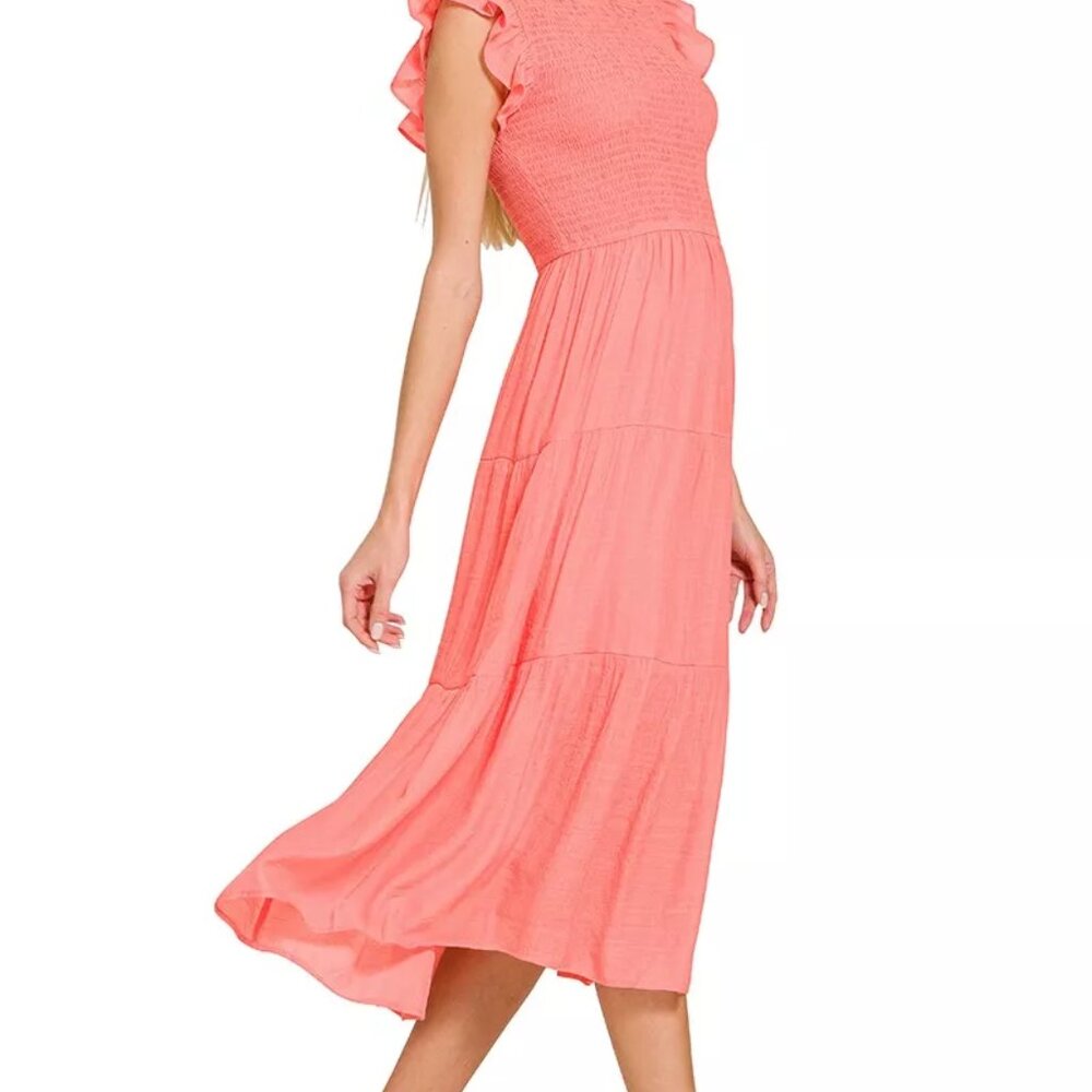 Zenana Woven Smocked Ruffle Sleeve Midi‎ Dress - Picture 2 of 3